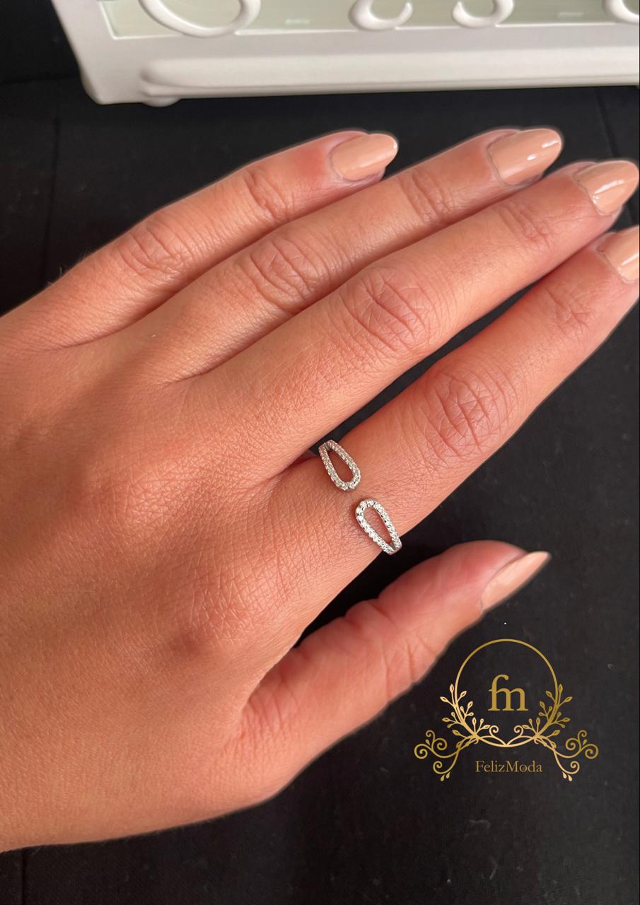 Two long oval pendants silver ring with zircon stones free size