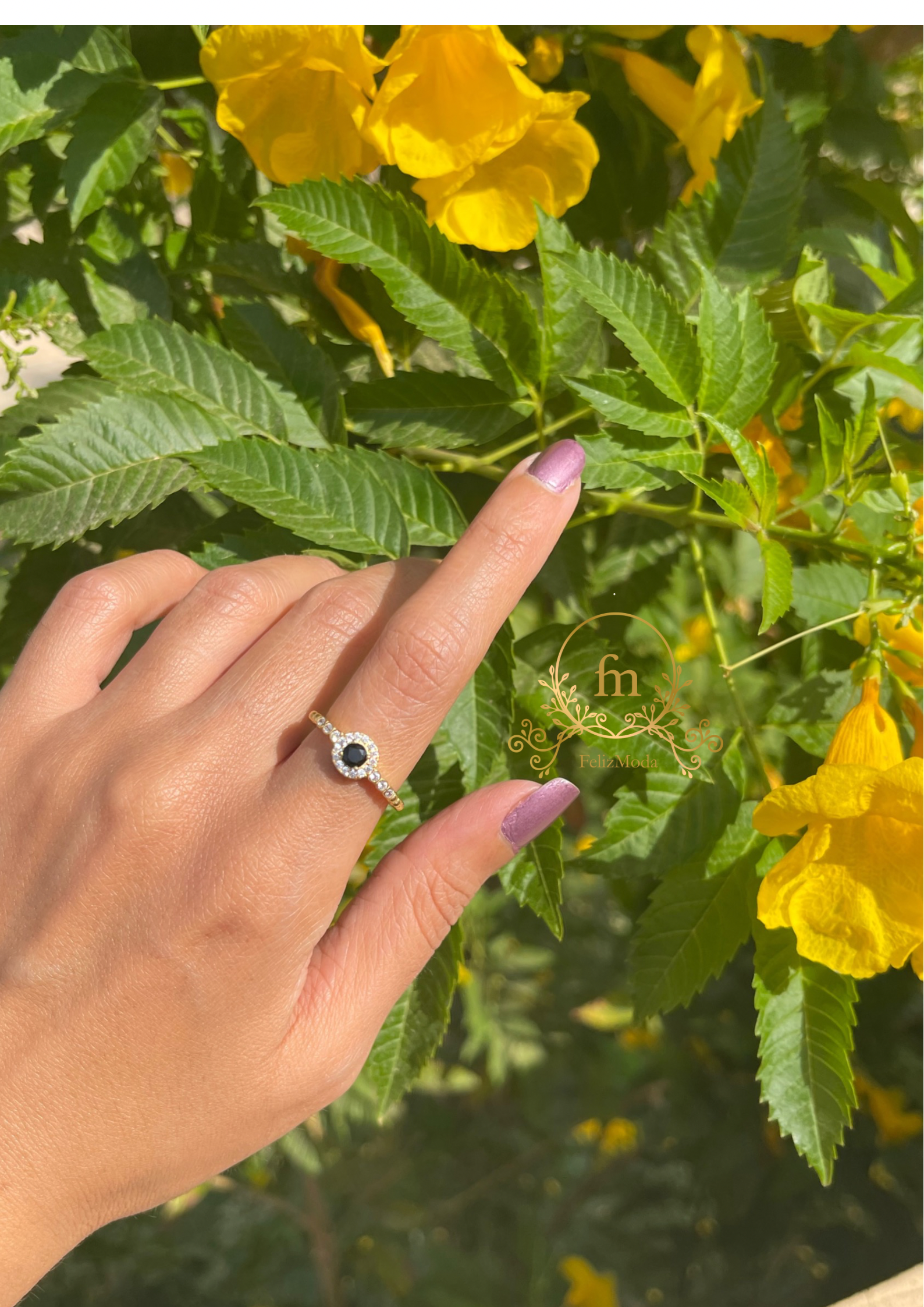 Black stone silver ring with side beads gold plated medium size