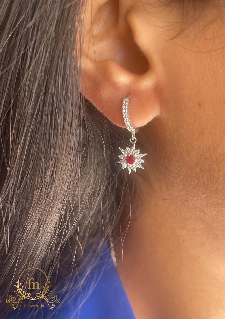 Flower Red stone silver earrings with zircon stones - moda013