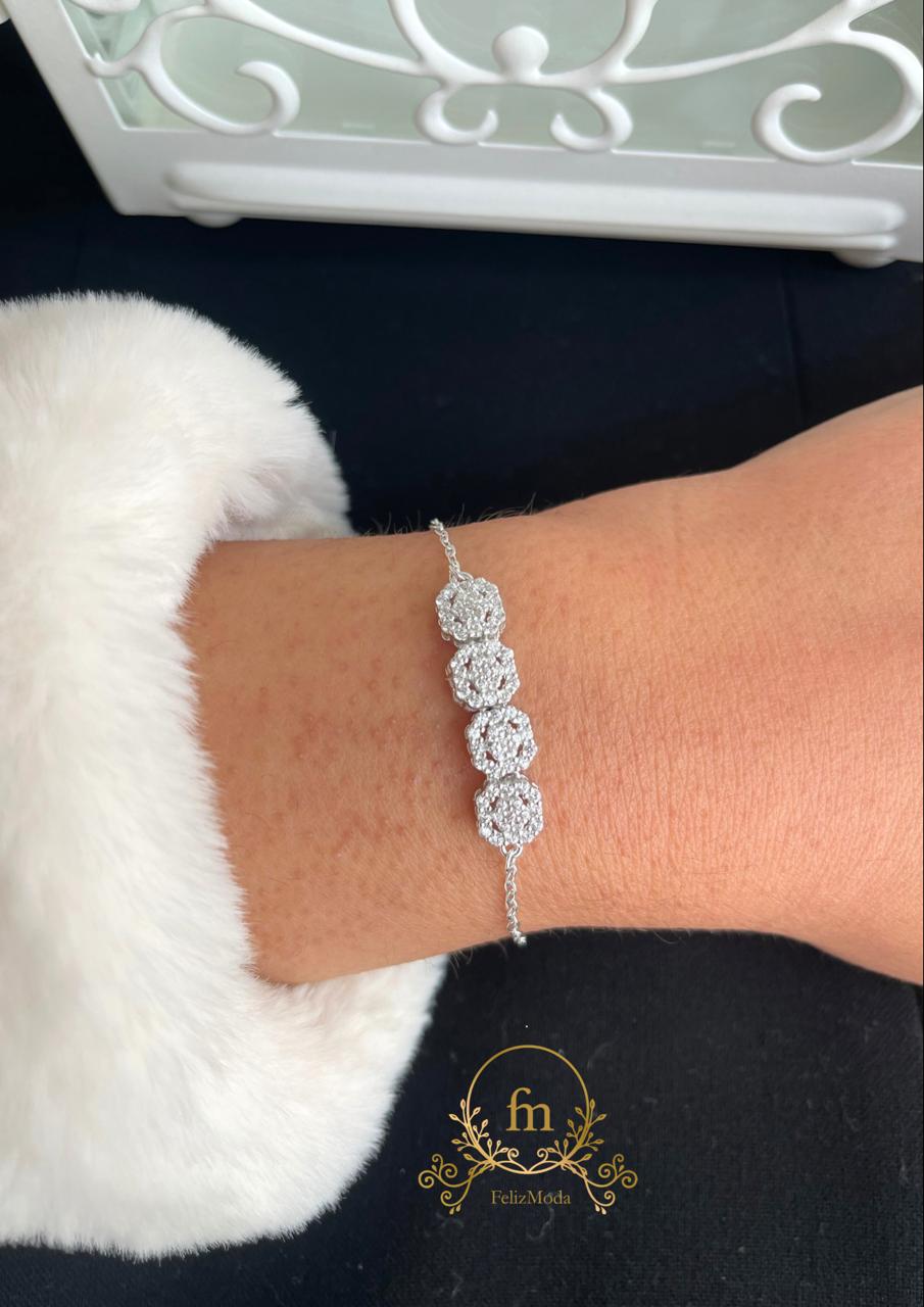 Four square zircon stones silver bracelet