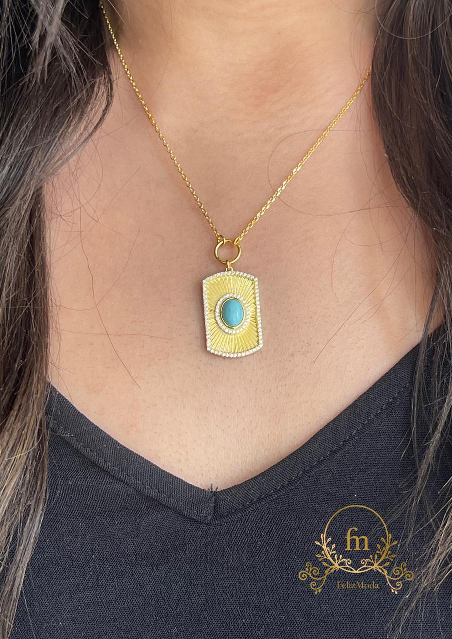 Oval Fayrouz stone in square gold plated frame silver necklace gold plated