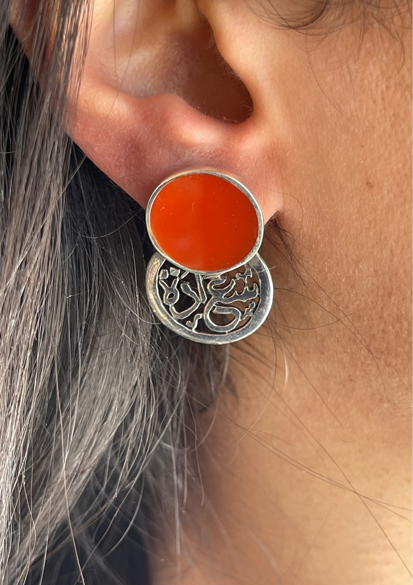 سعادة Silver earrings with dark red stone