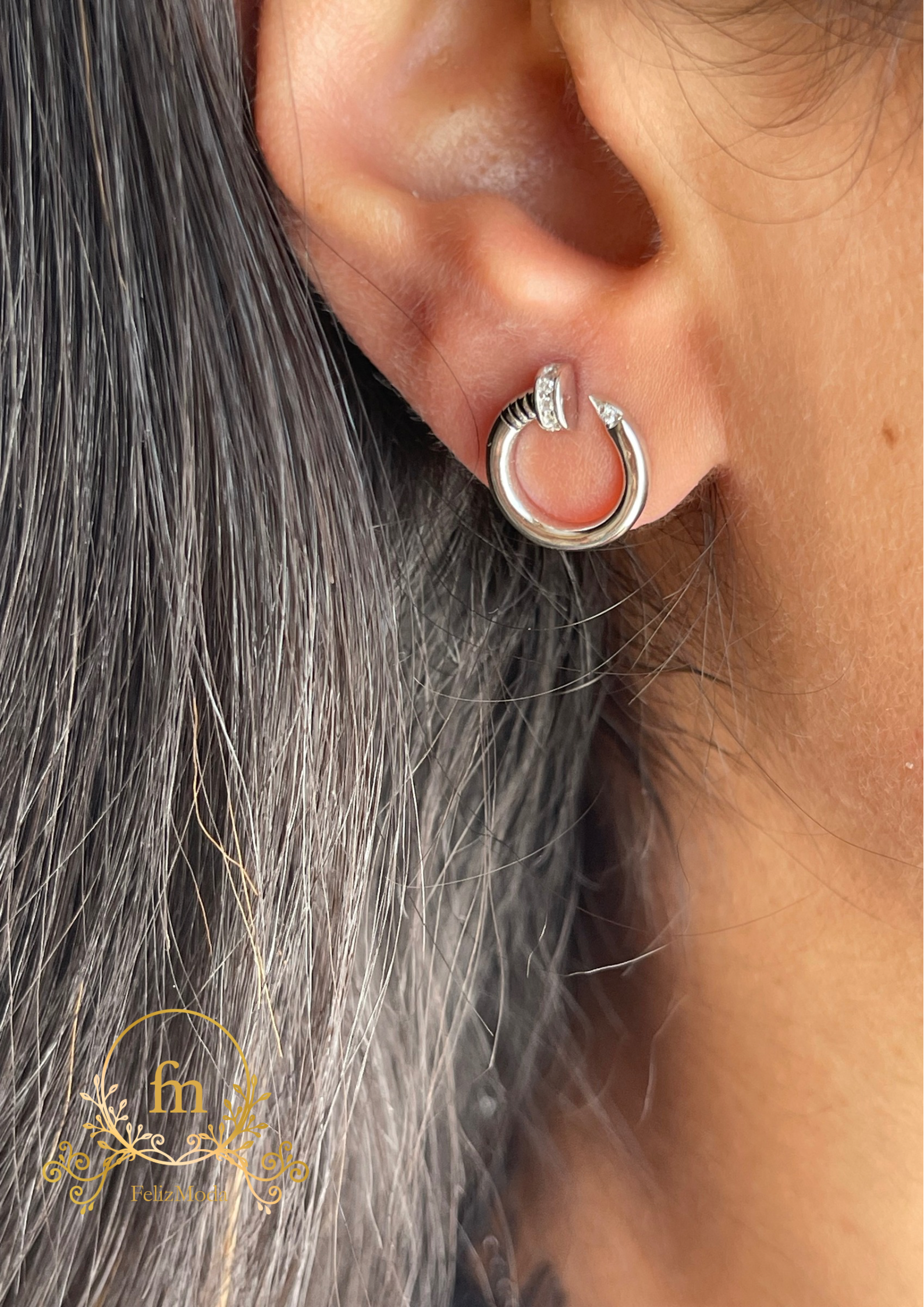 Round pin silver earrings