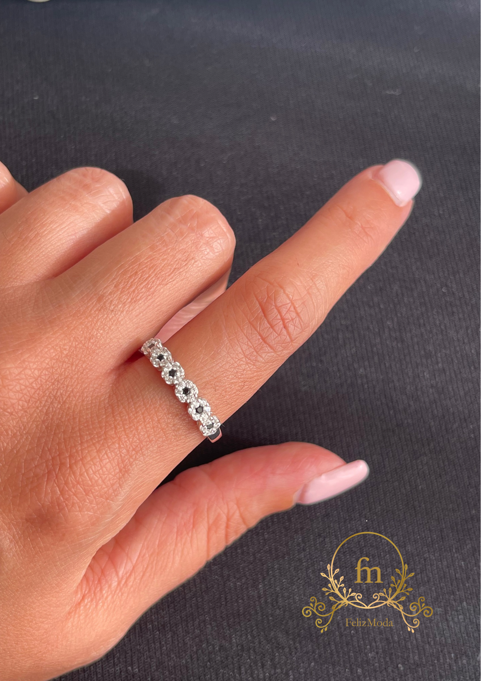 Flowers black stone silver ring