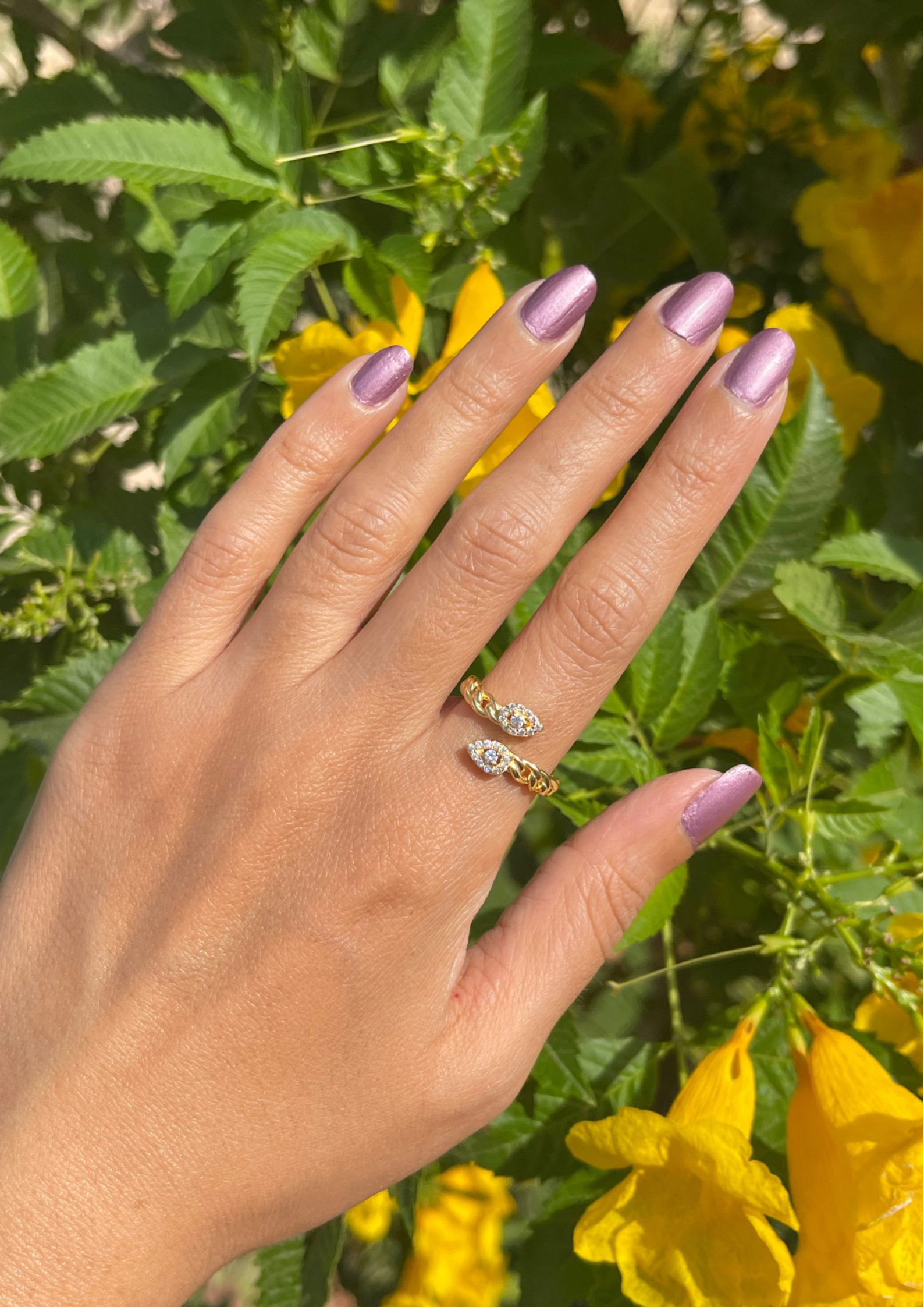 Two oval zircon stones silver ring gold plated free size