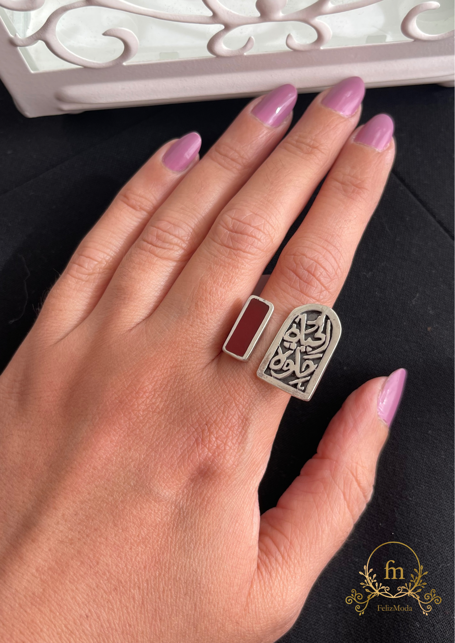 الحياة حلوة Silver ring with dark red stones free size adjustable