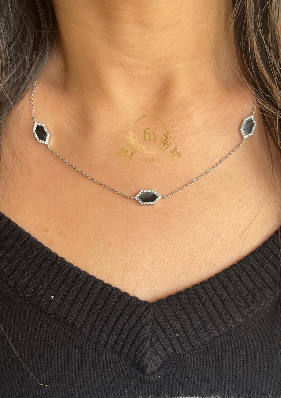 Black stone silver necklace