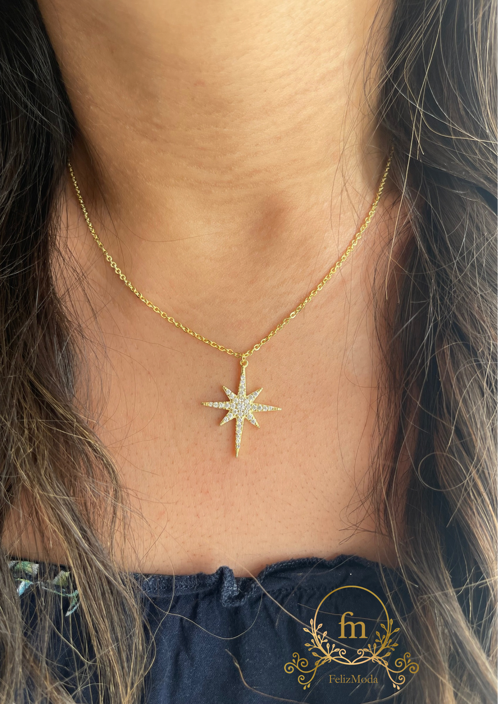 Star silver necklace gold plated with zircon stones-NK20