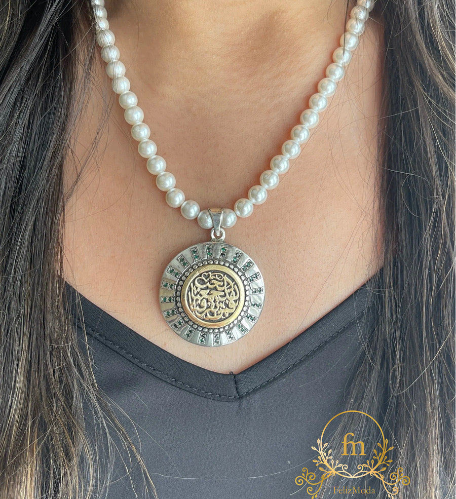 لقد جمعنا الحب فمن يفرقنا Silver necklace with pearls gold plated pendant