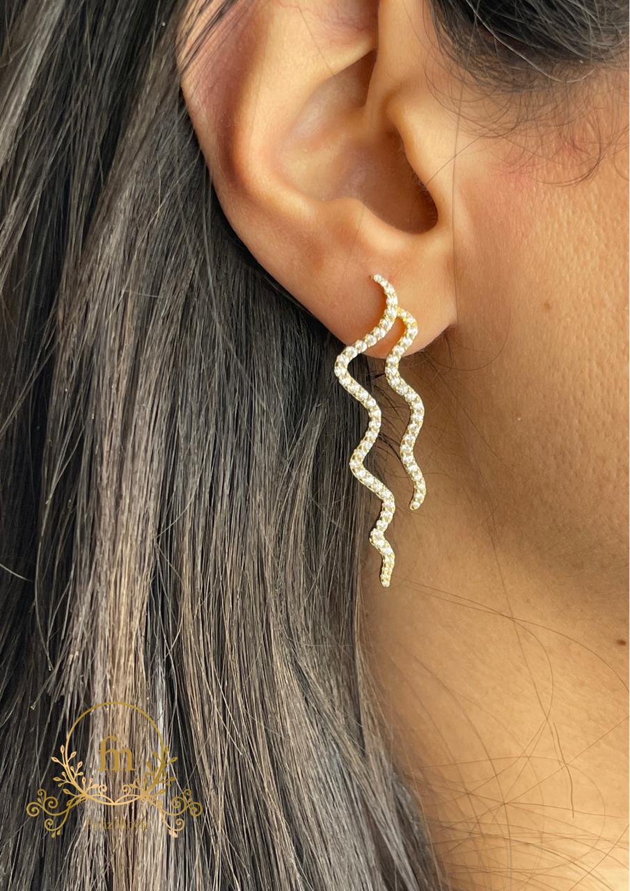 Double waves silver earrings zircon stones gold plated