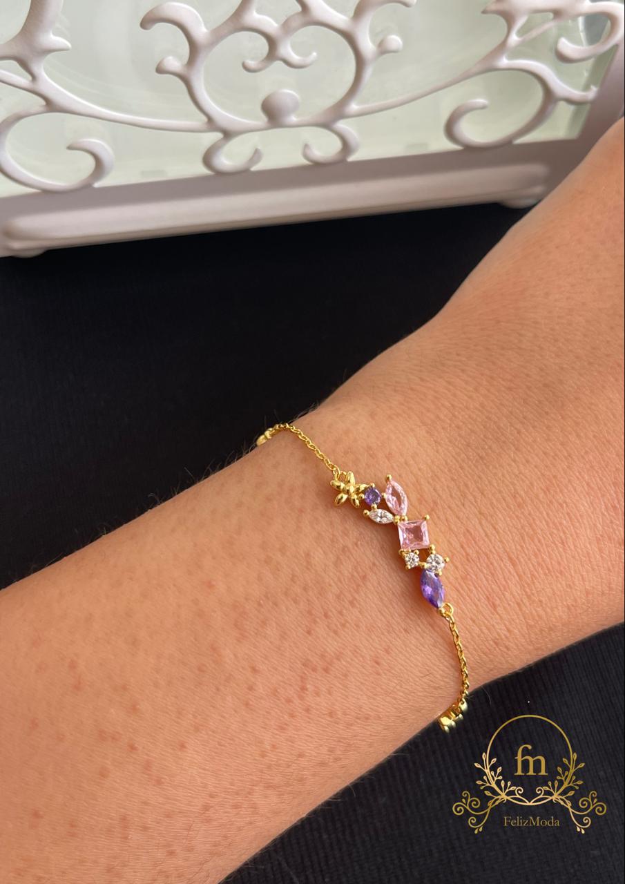 Purple , pink and gold flowers silver bracelet gold plated