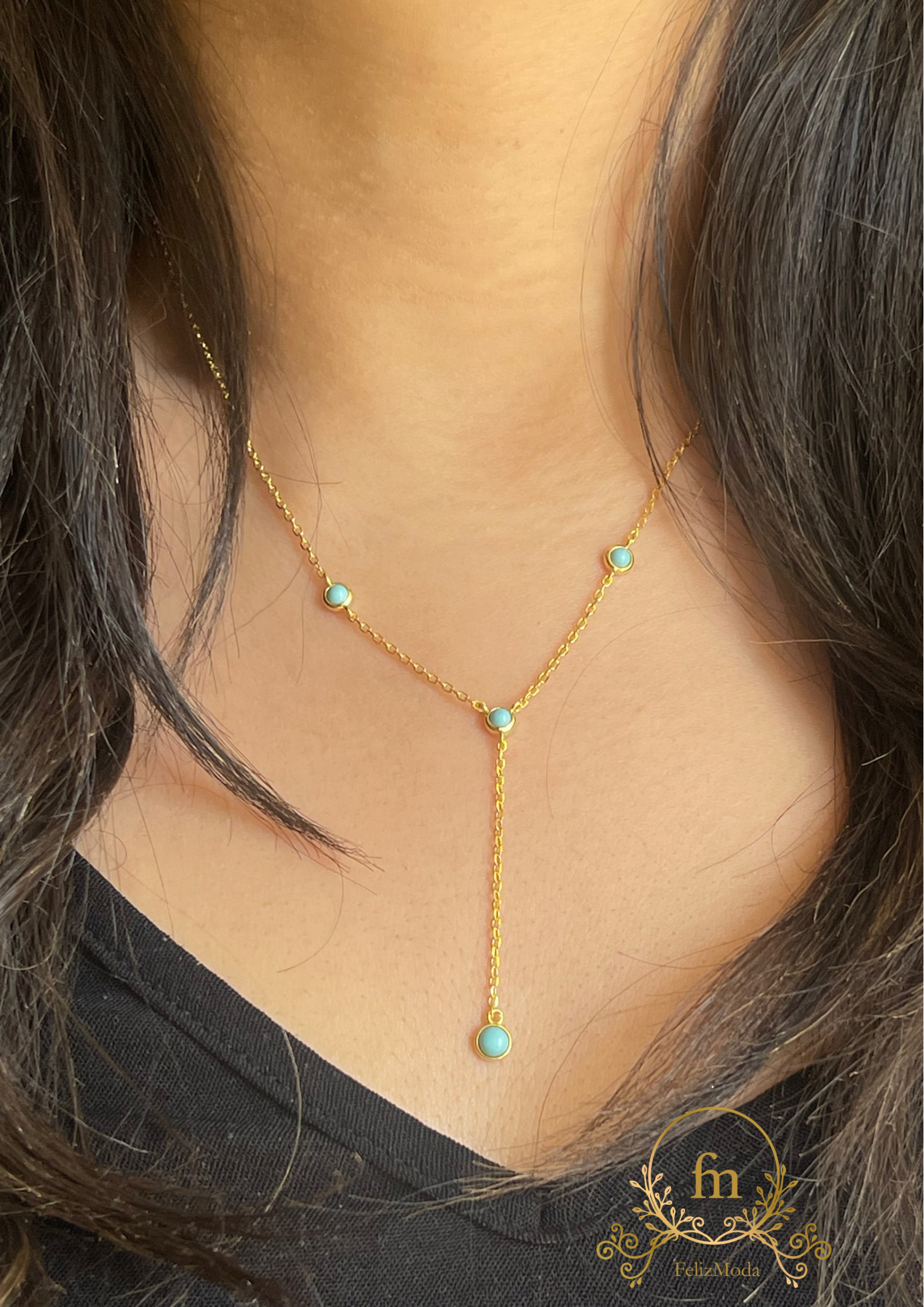 Multiple Fayrouz stones with dangling chain silver necklace  Gold plated