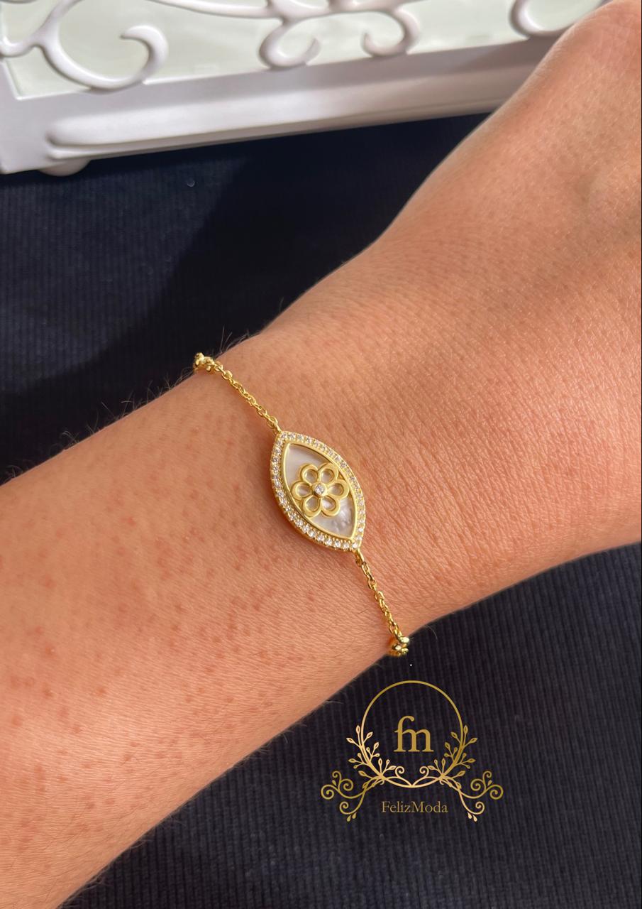 Flower Oval pearl silver bracelet gold plated