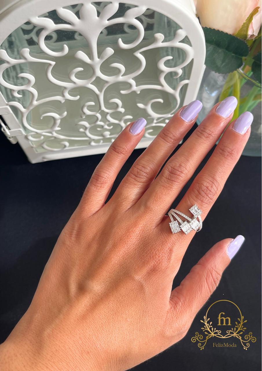 Four square zircon stones silver ring