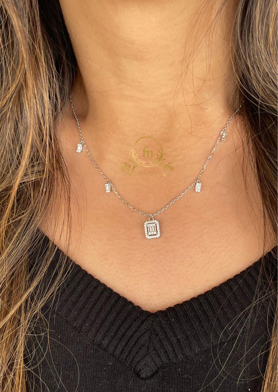 Square silver necklace with side stones -MODA040