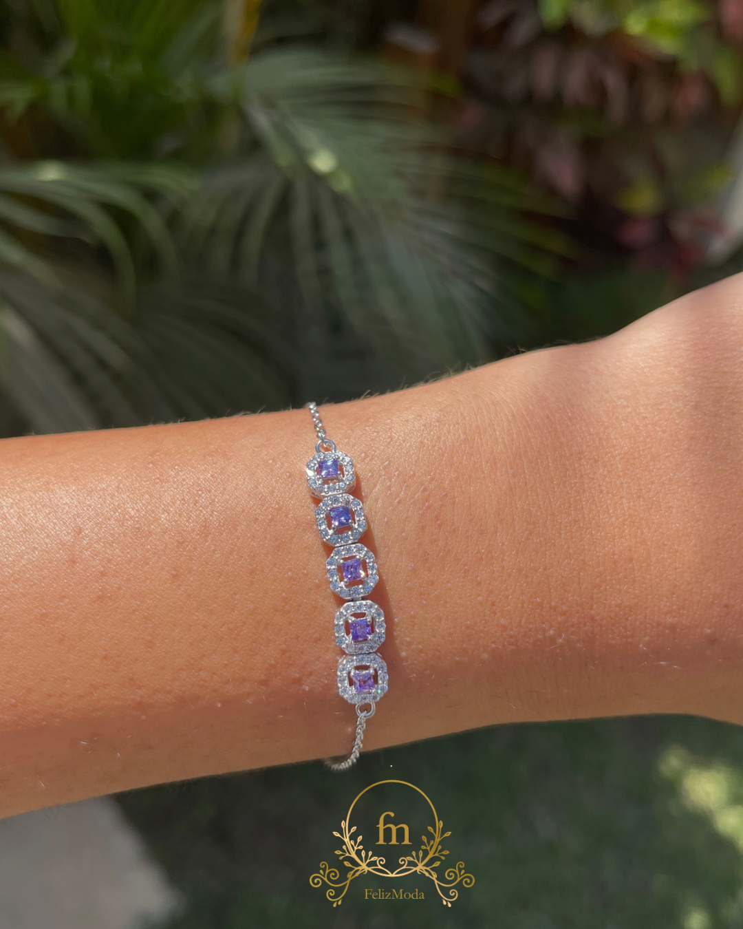 Purple round zircon stones silver bracelet