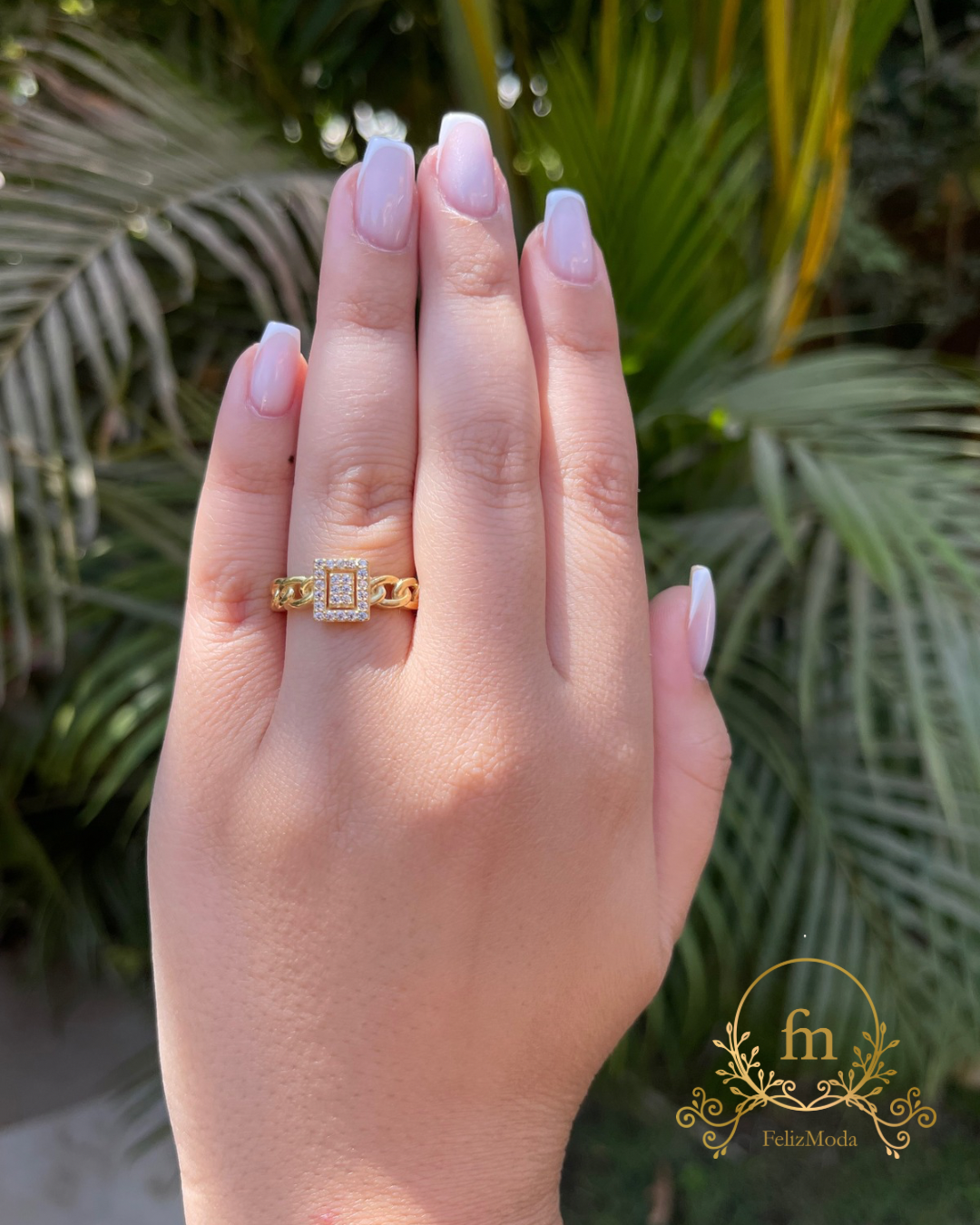 Square stone braided silver ring gold plated free size