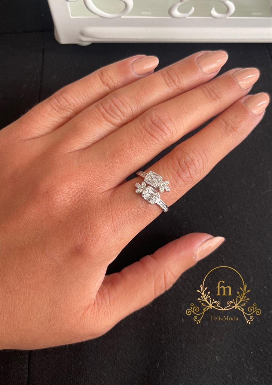 Two square ribbon shape silver ring with zircon stones free size