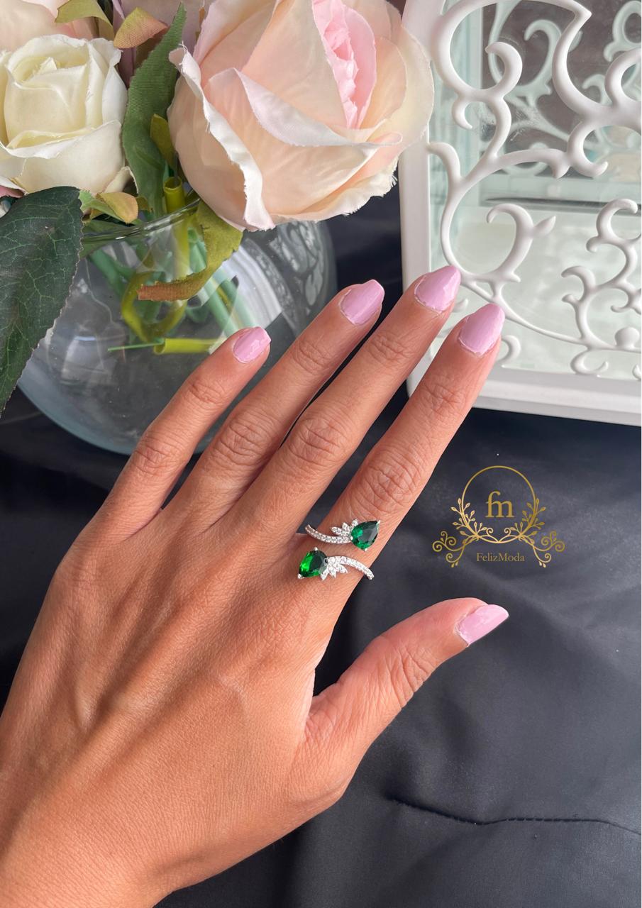 Two green stones silver ring with multiple zircon stones free size adjustable