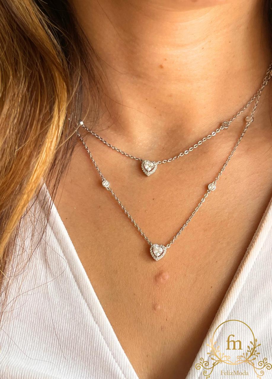 Two hearts double layered necklace with side zircon stones
