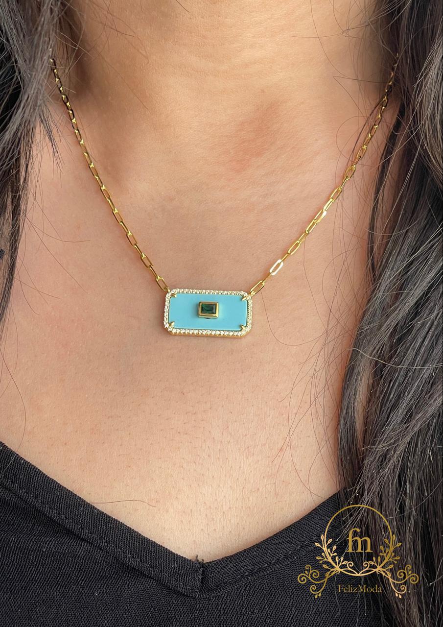 Rectangle Fayrouz stone with green stone silver necklace gold plated