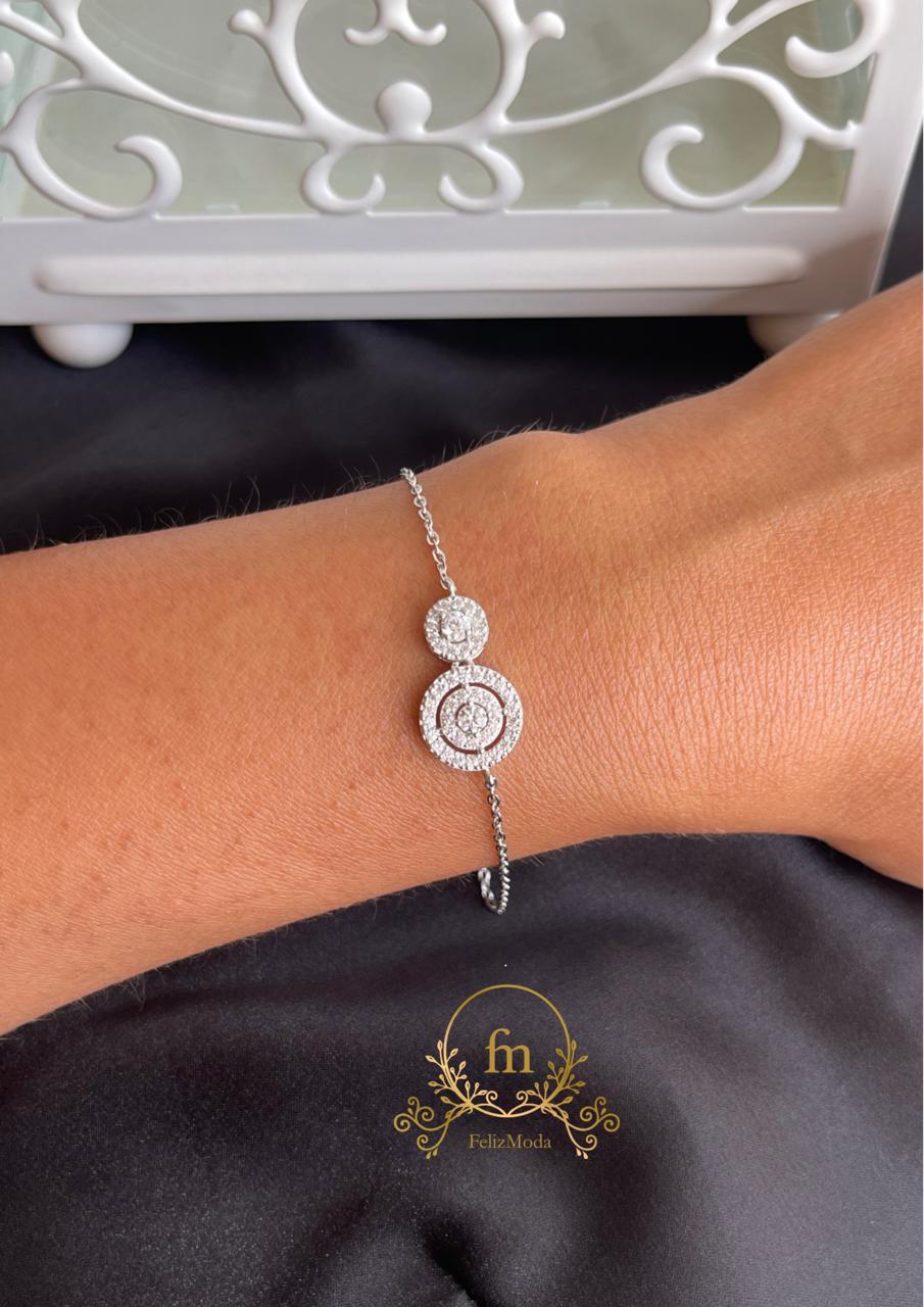 Two round pendants silver bracelet with zircon stones