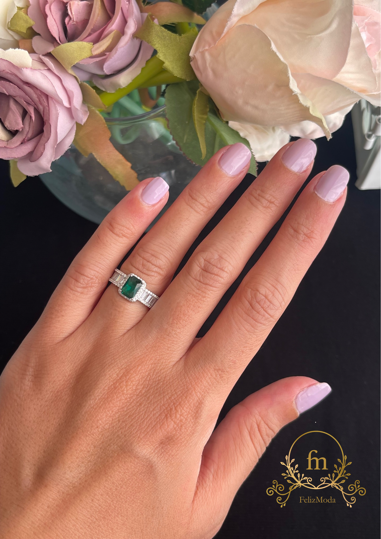 Square green stone with side crystals silver ring free size