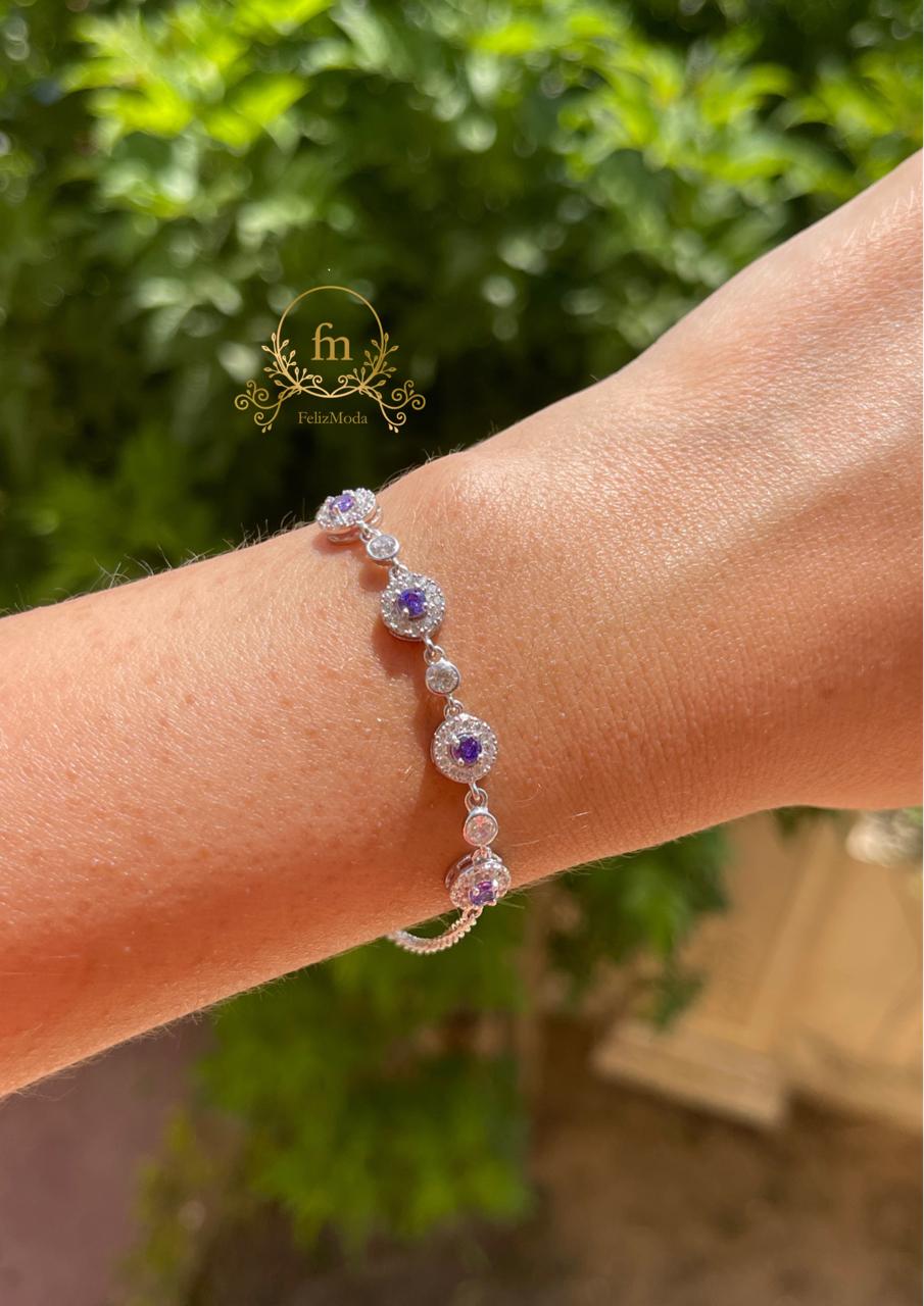 Four purple stones silver bracelet