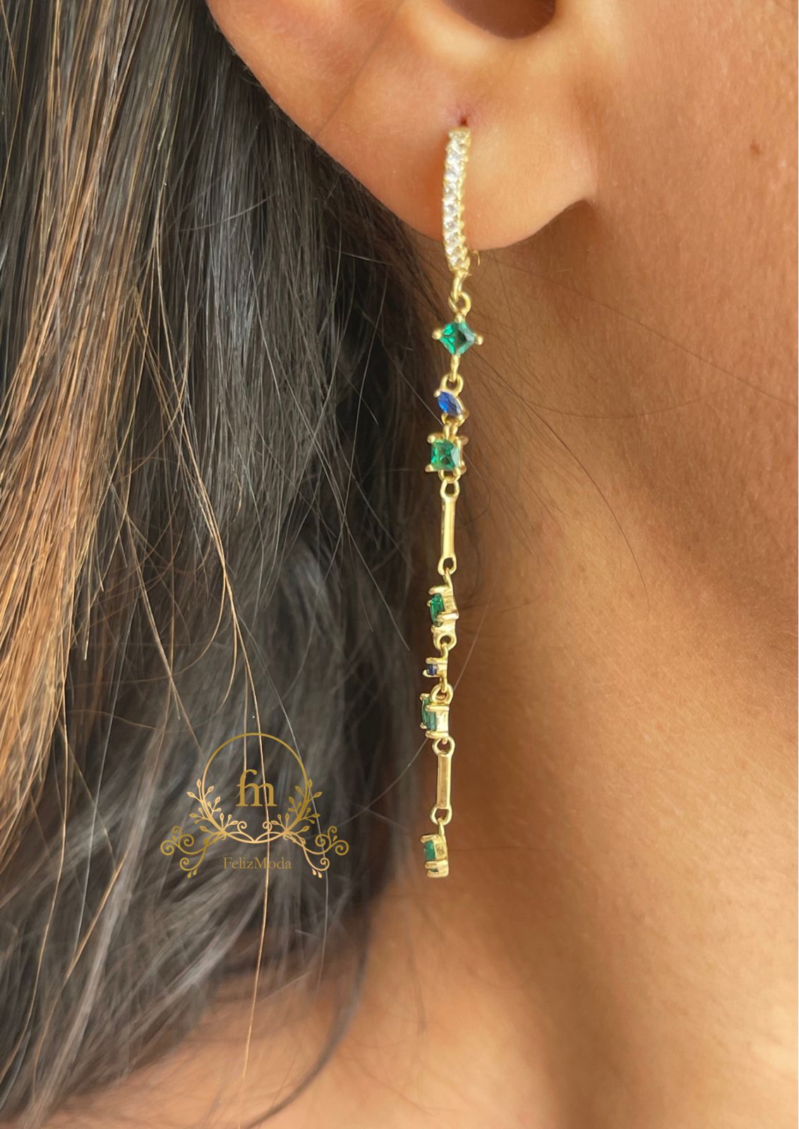 Silver gold plated long earrings with green & blue stones