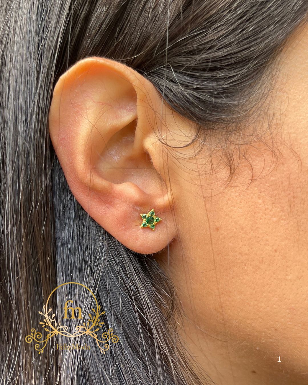 Green star silver earrings gold plated
