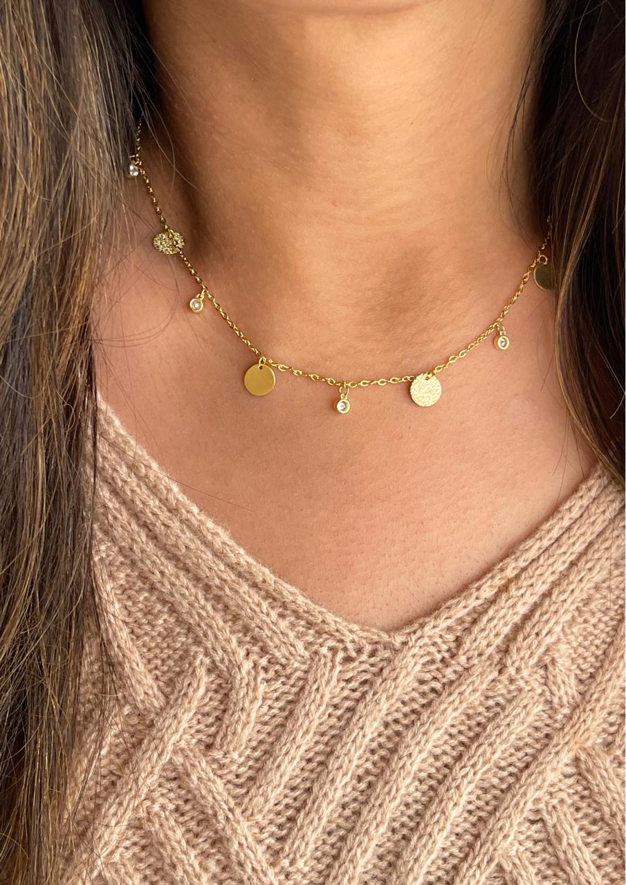 Multiple circles and crystals silver necklace gold plated