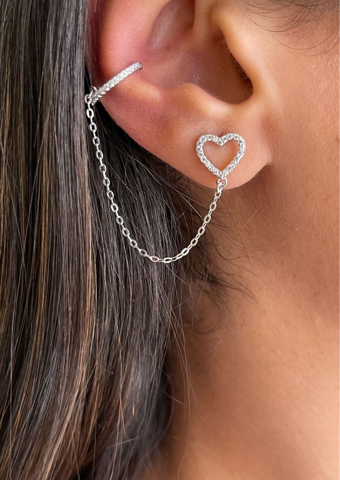 Heart Silver earring connected with ear cuff " by piece"