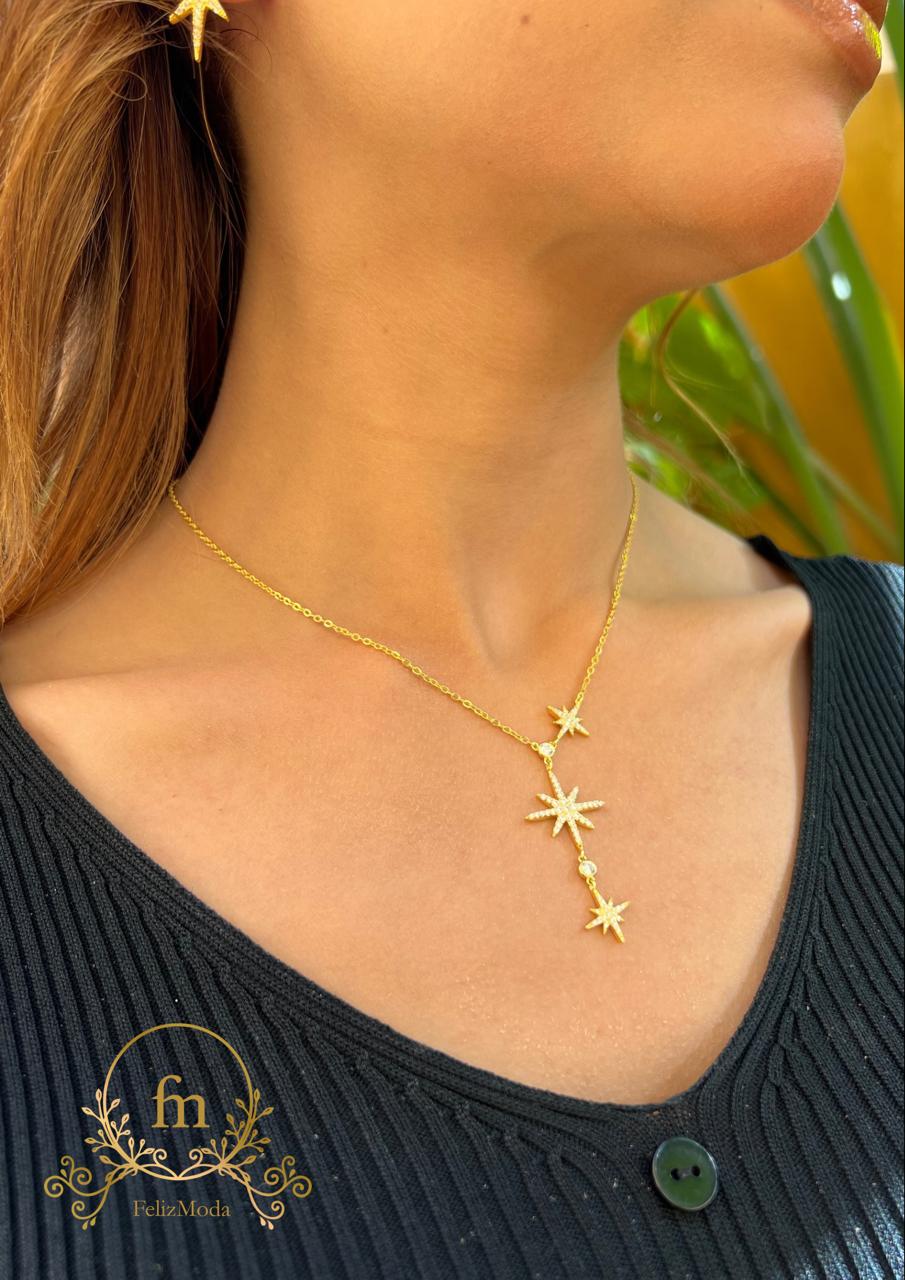 Three stars silver necklace gold plated -FM36