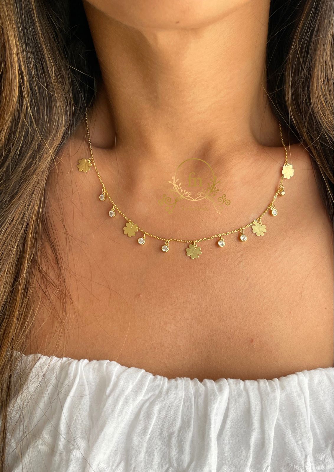 Flowers & crystals silver necklace gold plated