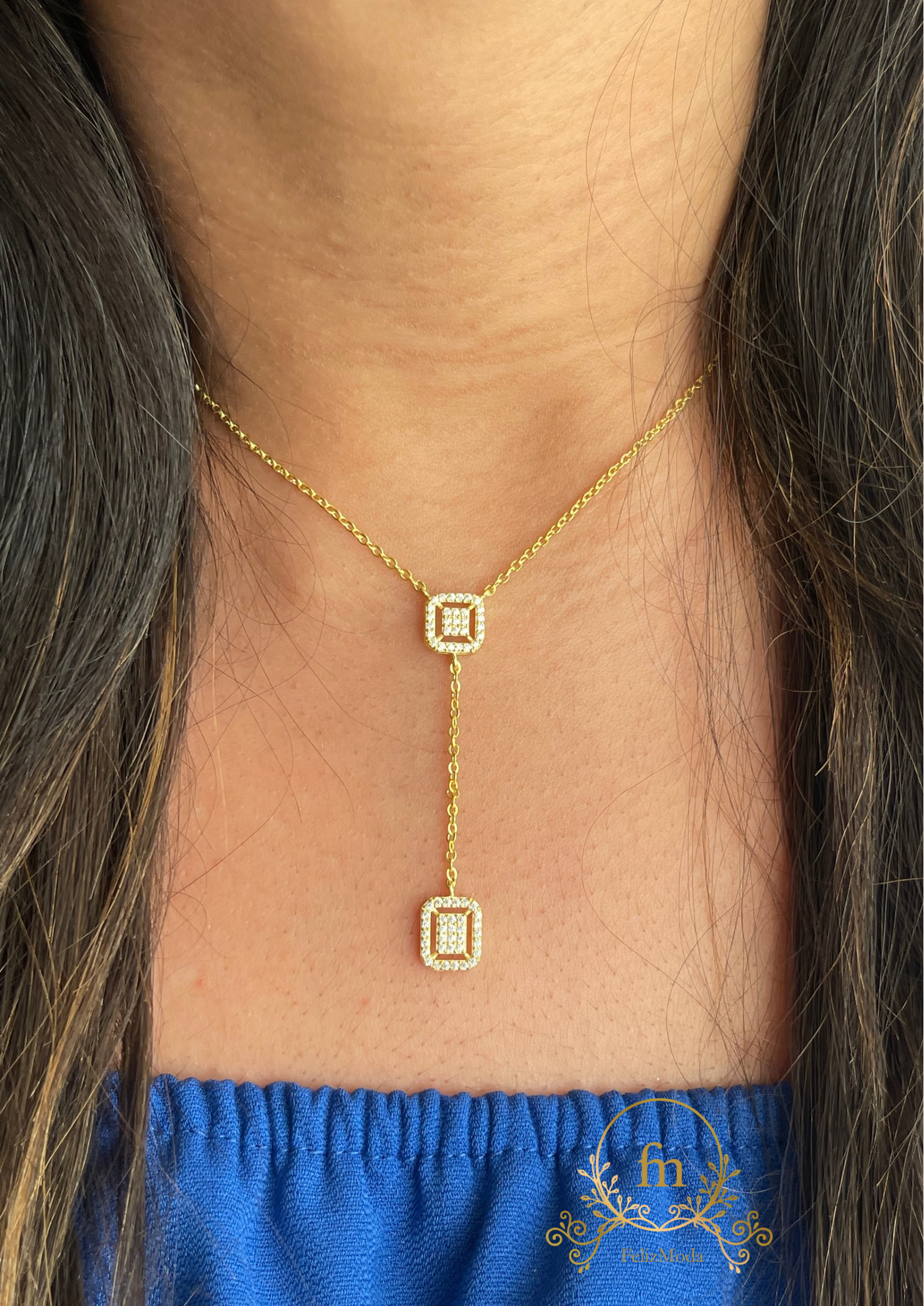 Two squares silver necklace gold plated